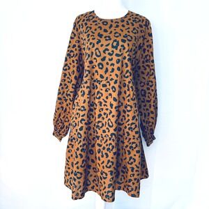 Mud Pie Tiered Babydoll Dress Large Winnie Leopard Brown Cottagecore Boho